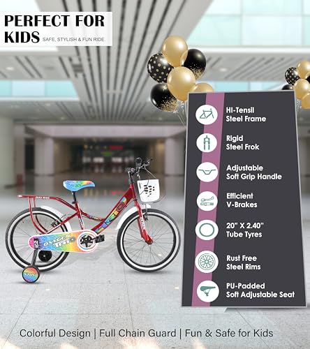 Image of OXYGEN Trio 20T Kids Bicycle for Boys & Girls 5-10 Years, 20 Inch Single Speed Cycle with Training Wheels, Basket, Rear Carrier, High Tensile Steel Frame, Front & Rear Brakes, Red, Semi-Assembled
