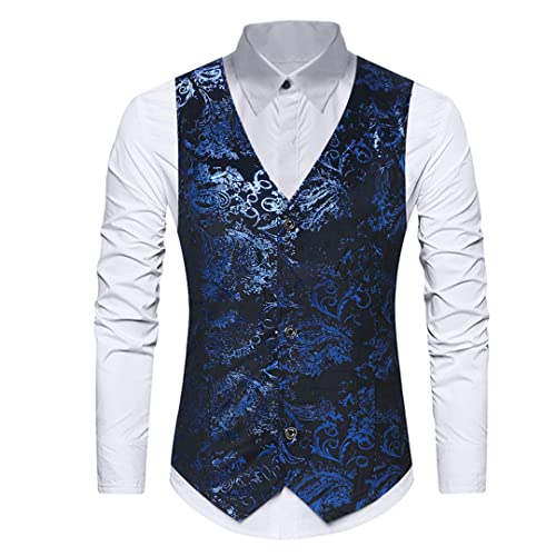 Men's Royal Blue Paisley Print Suit Vest Slim Fit Sleeveless Waistcoat Mens Formal Business Wedding Groom Social Tuxedo Vests