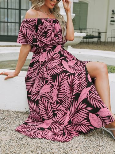 Image of CUPSHE Women Ruffle Floral Maxi Summer Dress Off Shoulder Short Sleeve Backless Flounce Bodice Slit Hem Beach Dresses