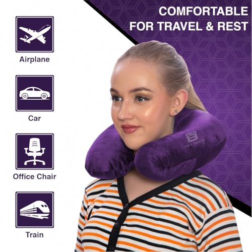 Image of CRAE Travel Neck Pillow for Men & Women | Soft Fibre Cushion for Flight, Car & Train | Soft Velvet Fabric with Attachable Snap Strap | Cervical Support for Neck Pain Relief.Pack of 1(Purple)