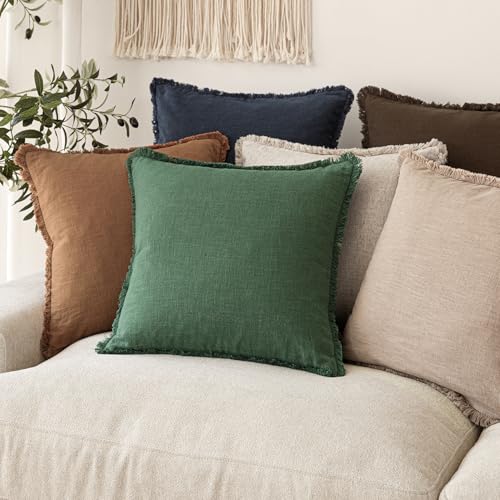 Image of Foindtower Decorative Linen Fringe Throw Pillow Covers Cozy Boho Farmhouse Cushion Cover with Tassels Soft Accent Pillowcase for Chair Sofa Bed Living Room Home Decor, 20x20 Inch,1PC,Pine Green
