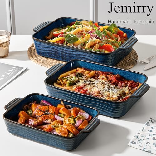 Ceramic Baking Dish Set of 3, Casserole Dishes for Oven, Square Porcelain Bakeware Set with Handles, Lasagna Baking Pan for Cooking, Perfect for Baking and Serving, Housewarming, Halloween, Thanksgiving, Christmas, New Year-Reactive White - Thumbnail 5
