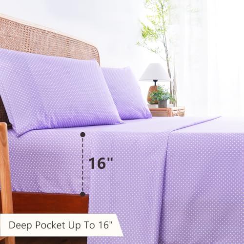 Image of MCO 4Pieces Polka Dot Sheets Set, Breathable Queen Sheet Set with 16 inch Deep Pocket,Modern & Luxury, Brushed Microfiber Bedding Set(Queen, Polkadot Purple)