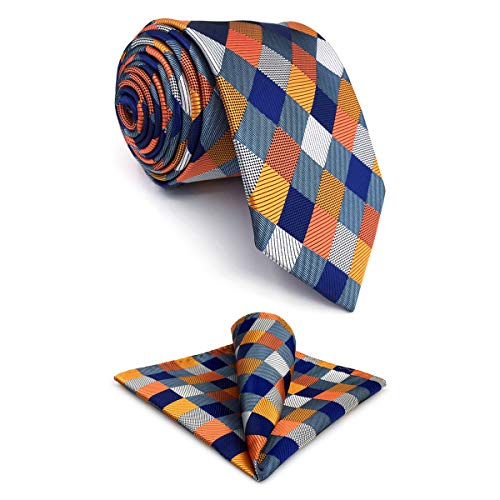 S&W SHLAX&WING Tie Conjunto des Herren Krawatte Azul Naranja a cuadros Classic 147cm y Einstecktücher Cover