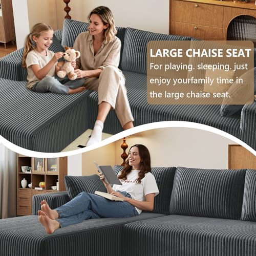 Image of 96 inch Modular Sectional Couch, Boneless L Shaped Cloud Sofa with Chaise Lounge, Corduroy Upholstered Couches Memory Foam Deep Seat, No Assembly Required, Ideal for Living Room(Dark Gray, Left Facing)