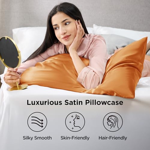 Image of Bedsure King Size Satin Pillowcase Set of 2 - Orange Silky Pillow Cases for Hair and Skin with Envelope Closure, Similar to Silk Pillow Cases, Gifts for Women Men, 20x36 Inches, 2pcs