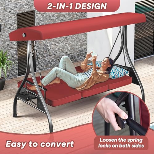 Image of ZZW 3 Seat Outdoor Porch Patio Swing with Stand 800lbs 2-in-1 Convertible Swing Bed with Adjustable Canopy & Removable Cushion for Yard Garden Deck (Red, Square Tube)