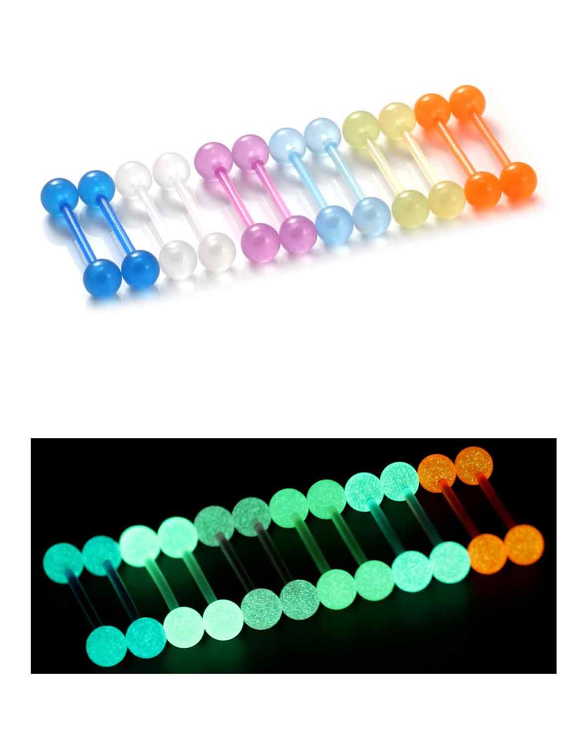 14G 16mm 14mm Glow in Dark Flexible Acrylic Straight Tongue Rings Plastic Nipple Ring Retainer Body Piercing Jewelry for Women Men 24PCS(12Pairs 14 Gauge Piercings