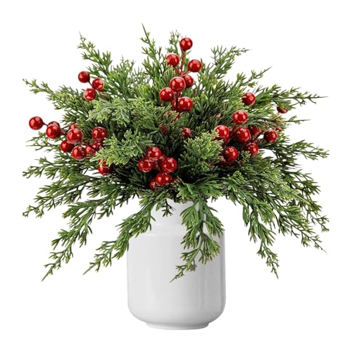 60 Pcs Christmas Artificial Pine Branches with Red Berry Stems, 12.4" Christmas Flowers Artificial Leaves Stems Christmas Decor, Fake Foliage Pine Needles Picks for DIY Craft Garland Home Decor