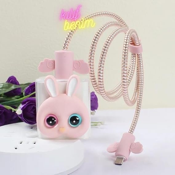 Şarj Başlığı Ve Kablo Koruyucu Set Tavşan Iphone 20 W Type-c Şarj Adaptör Uyumlu Şarj Koruyucu (BEYAZ)