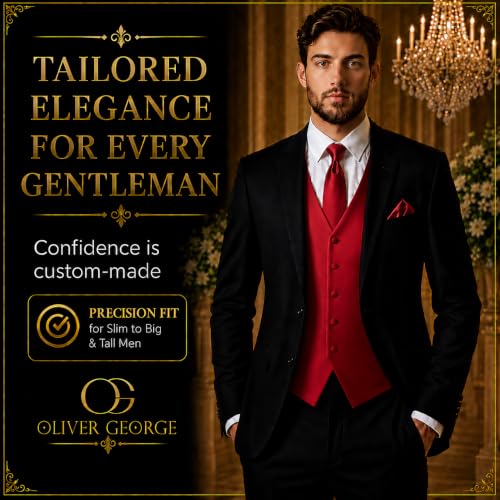 Image of Oliver George 4pc Men's Solid Formal Suit Waistcoat Tuxedo Dress Vest Necktie Bowtie Handkerchief Set for Suit or Tuxedo