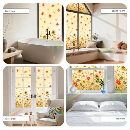 Image of Nuxovilar Fall Window Cling 17.7 x 39.4 in, White Frosted Sunflower | White frosted PVC helps obscure views for privacy, with sunflowers, wildflowers, maple and ginkgo leaves in soft fall colors