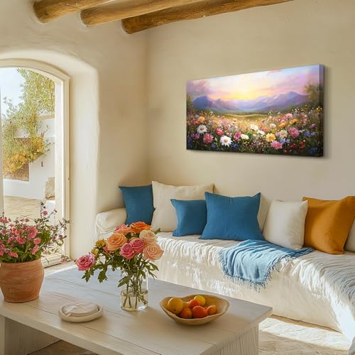 crmotu Large Landscape Wall Art, Flower Wall Art, Floral Wall Decor, Daisy Field Artwork for Walls, Mountain Wilderness Scenic Paintings Wall Decor Living Room Bedroom Kitchen Canvas Prints 20x40inch