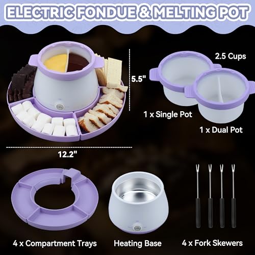 Party Desserts Electric Fondue Pot Set with 2 Pots, Candy & Chocolate Melting Pot, Melting Chocolate Warmer for Dipping, Fondue Pot Electric Set, Fondue Forks Included, 2.5 Cups, Lavender