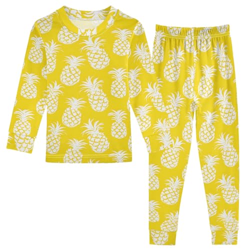 White Pineapples Cute Pajama Sets Long Sleeve Top and Pants, Snug Fit Sleepwear for Night Wears