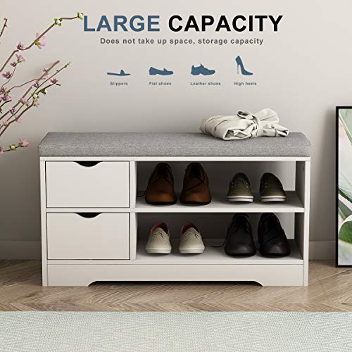 TITISKIN Shoe Storage Bench with Gray Cushion Wooden Shoe Rack Bench with 2 Shoe Rack 2 Drawer and Storage Bags Hallway Ottoman Shoe Cabinet Bench Seat for Entryway Bedroom Living Room, White - Thumbnail 6