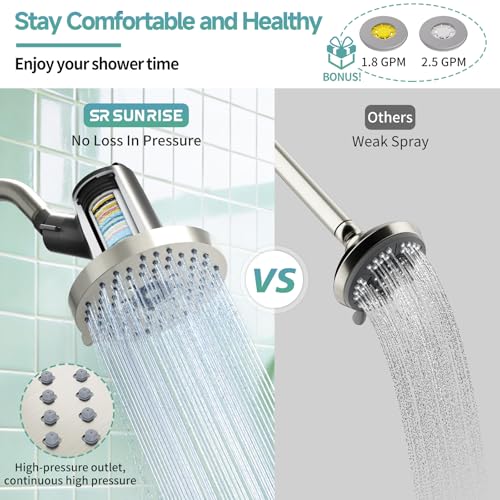 Image of SR SUN RISE Filtered Shower Head with Filters,High Pressure Rain Shower Head,20-Stage Shower Filter,1.8 /2.5 GPM Flow Rate,6 Spray Modes for Hard Water Softener (Brushed Nickel,5.5 Inch)