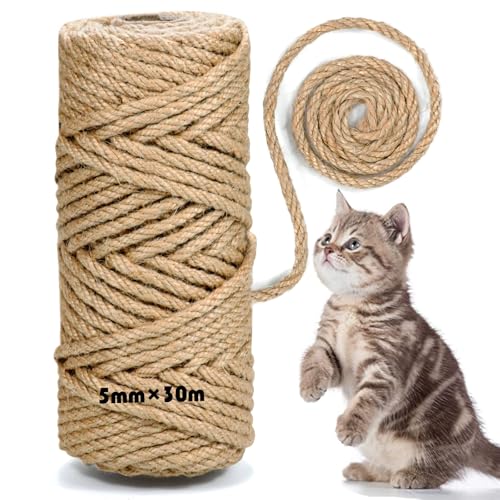 Corde en Sisal Naturelle 5 mm x 30 m, Corde à Griffer pour Réparation Arbre à Chat, Corde Chanvre pour Maison, Jardin, Décoration DIY