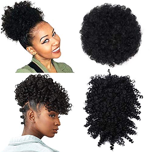 YMHPRIDE 2 Pack Afro Puff Drawstring Ponytail and Afro High Puff Pineapple Bun with Bangs Synthetic Short Clip in Kinky Curly Pony Tail Wig Hairpieces Updo Hair Extension for Women