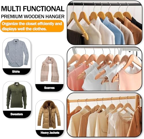 Image of WHISKET - Solid Wood Coat Hanger Heavy Duty, Smooth Finish Bulk Wood Hangers, Wooden Clothes Hanger with Non Slip Pant Bar, 360 Swivel Hook. (10)