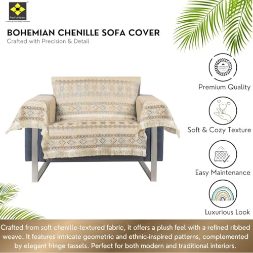 Image of Elegant Woven Beige Sofa Cover - Soft Chenille Traditional Pattern with Lace Style | L-Shape Sectional Seat Protector for Living Room | Durable & Stylish Slipcover 1 Seater with Arms