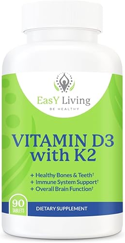 EasY Living - BE HEALTHY Suplemento de vitamina D3 con K2 2000IU 90 tabletas masticables, vitamina D3 vegetariana 50mcg y K2 como MK-7 75mcg, salud