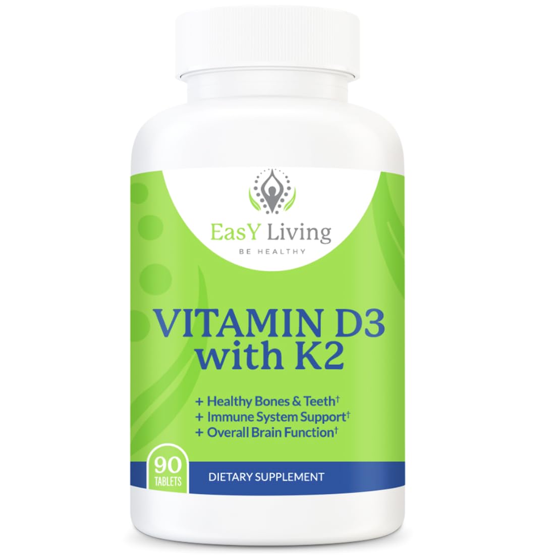 EasY Living - BE HEALTHY Vitamin D3 with K2 2000IU Supplement - 90Count Chewable Tablets, Vegetarian Vitamin D3 50mcg & K2 as MK-7 75mcg, Immune Health, Bone & Teeth Support