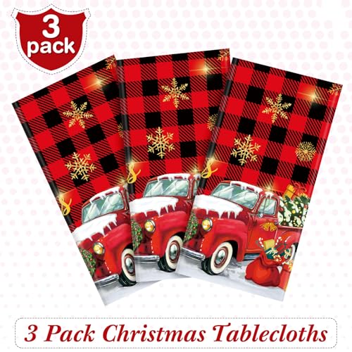 Tiamon 3 Pack Christmas Red Truck Tablecloths Decor Plastic Xmas Party Table Covers Retro Merry Christmas Tree Farm Print Party Supplies Xmas Winter Holiday B'day Party Decor, 54''x108'' (Plaid) – Image 5