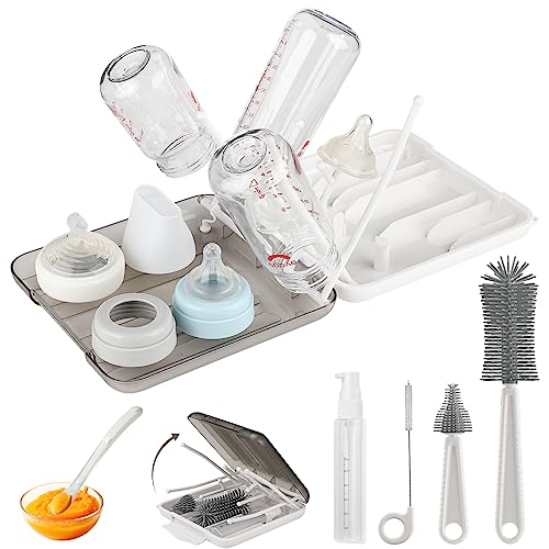 Image of 7 in 1 Bottle Brush Set-Bottle Cleaner Set with Baby Spoon,Silicone Bottle Brush,Nipple Brush,Straw Brush,Travel Drying Rack,Soap Dispenser & Storage Box,Baby Travel Essentials for Moms-White…