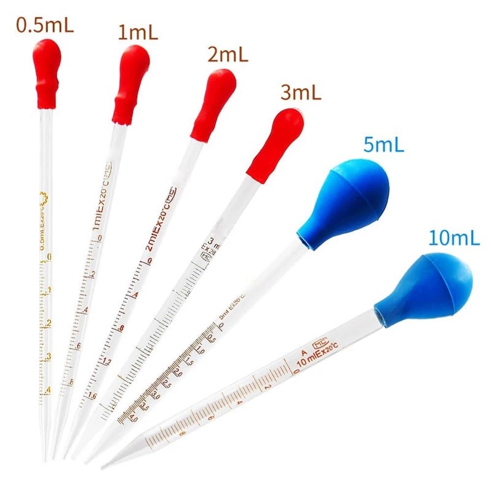 Goteador de pipeta de vidrio, Pipeta cuentagotas de vidrio con cabeza goma, rojo, azul, 0,5-10ml, 10 Uds. Con línea escala(1ml)