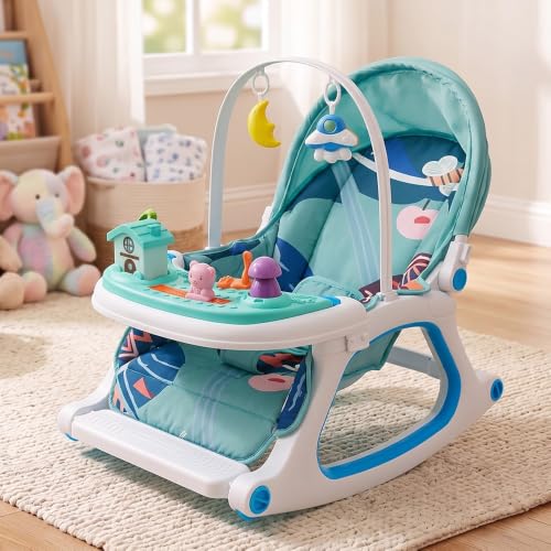 Image of StarandDaisy Dreamy Baby Rocker Chair with Play Tray, Mosquito Net & Toy Bar | Adjustable Recline, 3-Point Safety Harness | Infant Rocking Seat, Feeding Chair for Newborns & Toddlers 0-3 Years (Green)