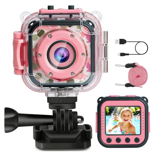 PROGRACE Kids Underwater Camera & Pool Toy - IP68 Waterproof Action Camera for Girls Ages 3-12 with 1080P Video, 32GB Card, Bike Mount, Birthday Gift for Swimming, Diving, Riding, Snorkeling
