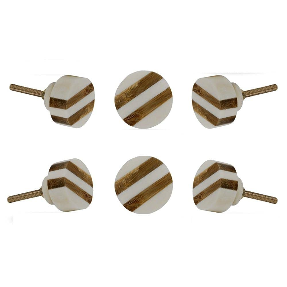 TRINCA-FERRO Set of 6 Cabinet Knobs Bone Striped Round Handmade Drawer Pull Kitchen Cupboard Pull Dresser Door Handle