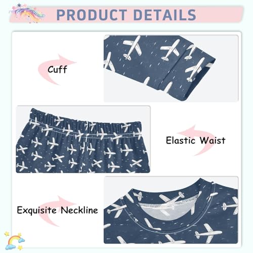 White Airplane Pattern Cute Pajama Sets Long Sleeve Top and Pants, Snug Fit Sleepwear for Night Wears4
