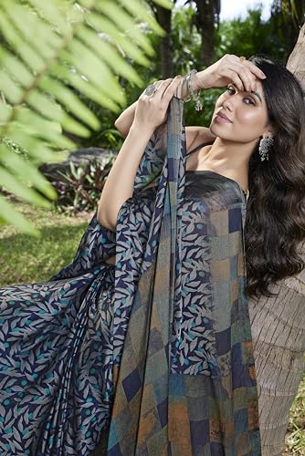 Image of MIRCHI FASHION Women Saree | Chiffon Leaf and Checked Print Professional Office Sari with Blouse