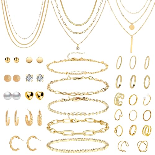 JSTHHTT 40 Pcs Parure Bijoux Femme : Élégante Parure de Bijoux pour Femme comprenant Collier Ras de Cou, Collier Breloque Argent et Or, Bracelet Jonc Or, Lot Bracelet...