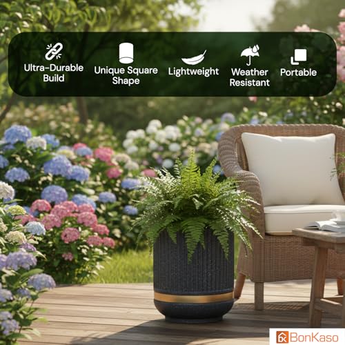 Image of BonKaso 14 Inch Tower Plant Pot for Indoor & Outdoor | Modern Lightweight Polymer Planter | Weather, UV & Frost Resistant | Ideal for Living Room, Balcony, Office & Nursery (Dark Grey)