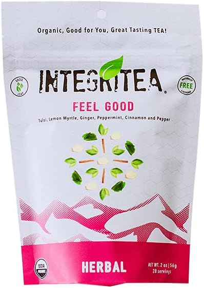 IntegriTEA Feel Good Tulsi Tea with Lemon Myrtle Ginger Peppermint Cinnamon Pepper - Energizing Loose Leaf Herbal Tea Infusion - Caffeine Free Organic Herbal Tea
