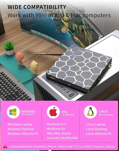 Image of External CD DVD Drive,8 in 1 USB 3.0 and Type-C CD Burner Player Writer with 4 USB Ports and 1 TF /SD Card Slots,Ultra Slim Optical Disk Driver for Laptop Mac PC Windows Linux OS