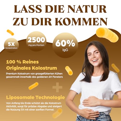 Liposomales Colostrum Pulver 2500mg, 60% IgG Hochdosiertes Kolostrum, Bovine Colostrum Pulver from Grass-Fed, 5X Konzentration Immunoglobuline, Reines, Ohne Zusätze