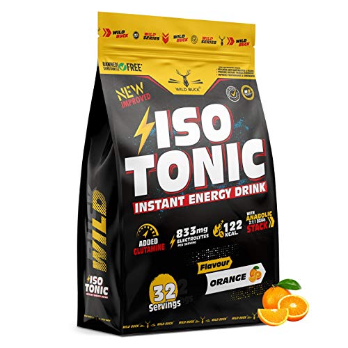 Image of Wild Buck Isotonic Instant Energy Drink,Extended Workout Electrolyte Drink with Anabolic Stack 2:1:1 BCAA,Dextrose Monohydrate|833mg Electrolytes[32 Servings,Orange Flavor]Free Shaker,1000 grams