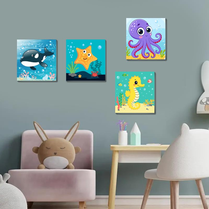 Canrichshop 4 Pack Framed Paint by Numbers Kit for Kids 8-12,Easy Kids Paint by Number Beginner,Cute Sea Animals Painting Kits for Ages 4-6,DIY Acrylic Oil Painting Kid for Wall Decor 8X8in