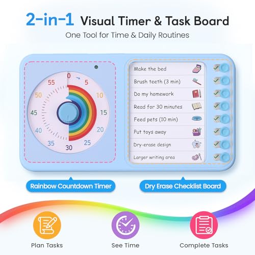 Image of 2-in-1 Visual Timer with Task Board for ADHD & Autism, Dry Erase Chore Chart and Visual Schedule for Kids & Adults, Rainbow Countdown Timer for Classroom, Home, Homeschooll (Blue)