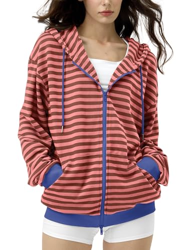FAIABLE Striped Zip Up Hoodie Women Oversized Sweatshirt Hoodies Zipper Sweaters Pullover Cotton Vintage Preppy Shirt Outfits
