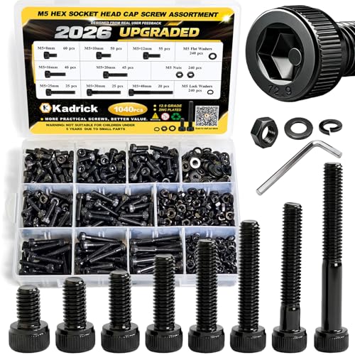 Image of Kadrick M5 Screws Kit 1040PCS,M5x8mm-40mm Bolts with Nuts, Washers & Hex Wrench, Optimized Size Distribution, Class 12.9 Socket Head Cap M5 Screws, Black Zinc Plated, for Mechanical, Repair & DIY