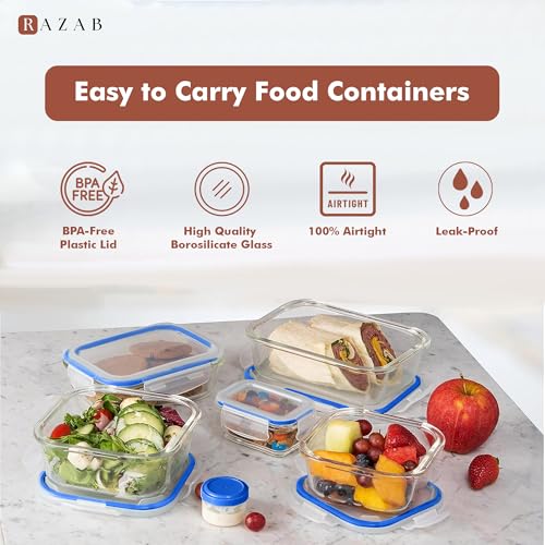 Image of Razab 35 Pc Set Glass Food Storage Containers with Lids - Meal Prep Airtight Bento Boxes BPA-Free 100% Leak Proof (15 lids,15 glass & 5 Plastic Sauce /Dip Containers)
