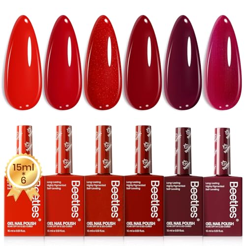 Image of Beetles Red Gel Nail Polish Set-15ML 6 Colors Shimmer Bloody Red Burgundy Gel Polish Kit Soak Off UV Full Size Nail Art Salon Design DIY Gift for Women Colorful Bottle