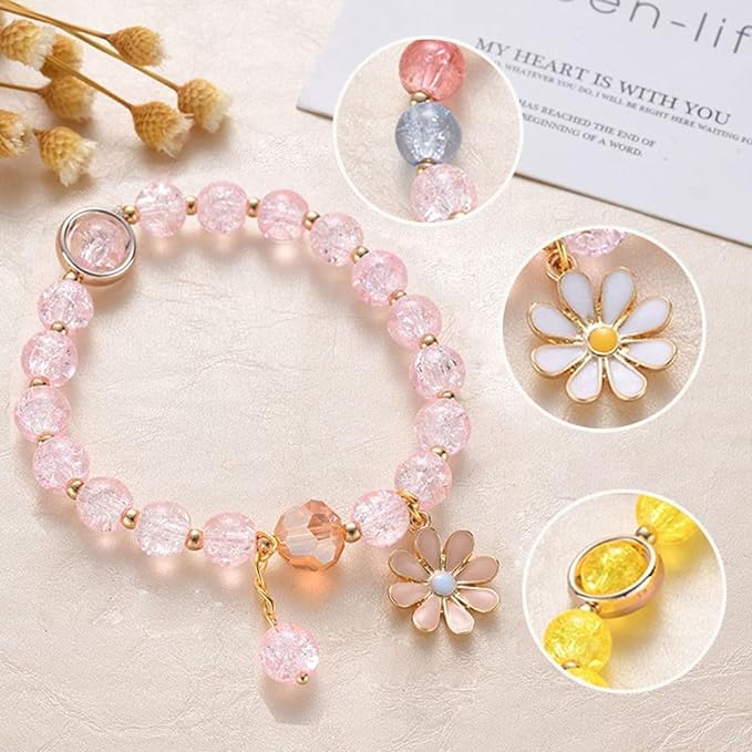 Image of El Regalo 1 PC Dailsy Flower Sparkly Crystal Beads Tassel Bracelet for Girls /Teens /Women- Cute Crackle Beads Daisy Flower Stretch Bracelet