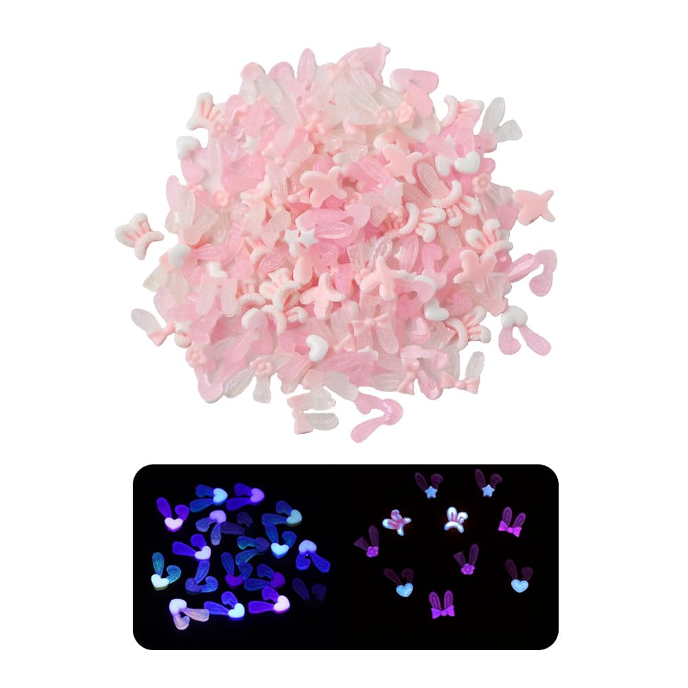 NOIAFZY 100Pcs Adorable Luminous Cartoon Rabbit Ear Nail Charms for Womens Nails Phone Cases Accessories