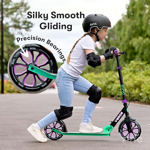Image of Zinc Verge Pro Kids Scooter - Big Wheel Kick Scooter for Ages 6+, Foldable 2-Wheel Scooter with 200mm Wheels, Lightweight, Height Adjustable, Rear Footbrake, Supports up to 100kg, Black & Green